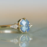0.89ct Untreated Opalescent Seafoam Teal Speciality Fantasy Cut Sapphire and Kite Diamond Compass Set Three Stone Low Profile Ring in 14k Yellow Gold