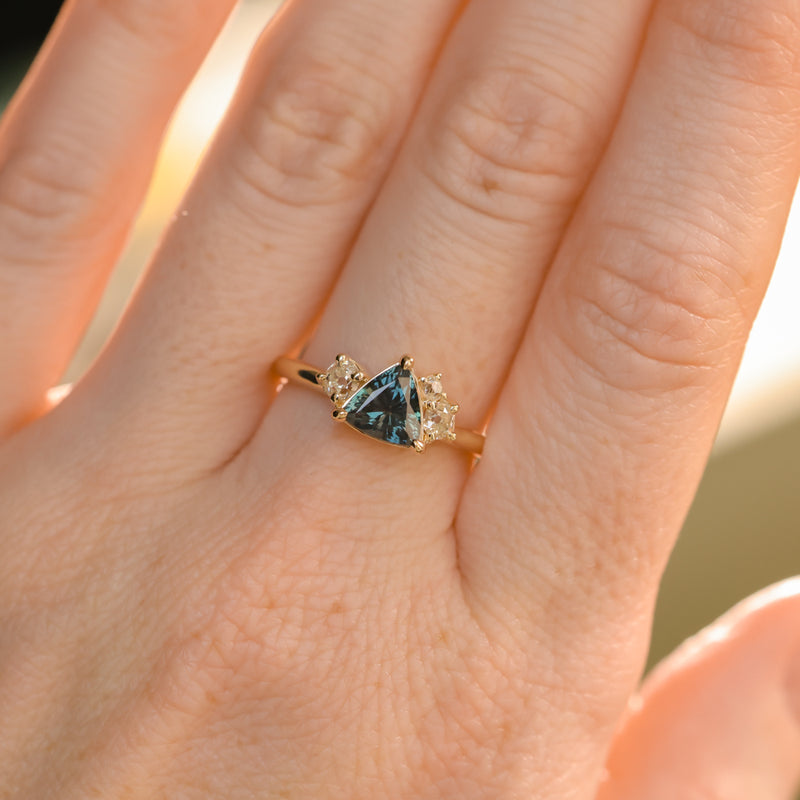 1.04ct Untreated Color Shifting Songean Trillion Sapphire and Antique Diamond Mountainscape Ring in 14k Yellow Gold