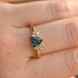 1.04ct Untreated Color Shifting Songean Trillion Sapphire and Antique Diamond Mountainscape Ring in 14k Yellow Gold