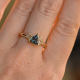 1.04ct Untreated Color Shifting Songean Trillion Sapphire and Antique Diamond Mountainscape Ring in 14k Yellow Gold