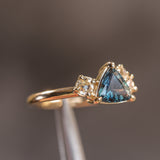 1.04ct Untreated Color Shifting Songean Trillion Sapphire and Antique Diamond Mountainscape Ring in 14k Yellow Gold