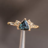 1.04ct Untreated Color Shifting Songean Trillion Sapphire and Antique Diamond Mountainscape Ring in 14k Yellow Gold