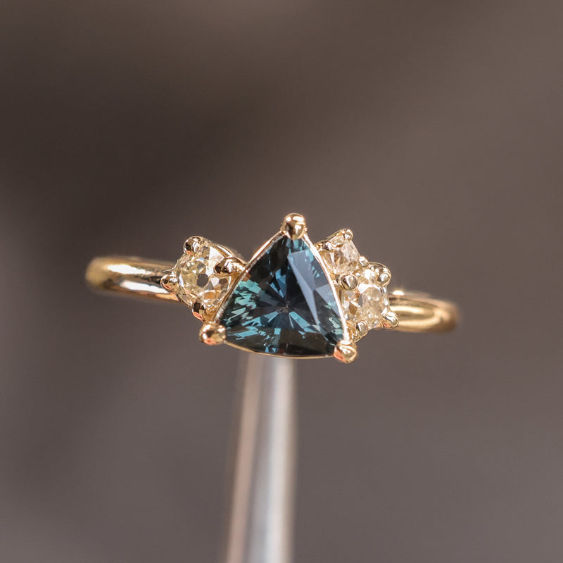 1.04ct Untreated Color Shifting Songean Trillion Sapphire and Antique Diamond Mountainscape Ring in 14k Yellow Gold