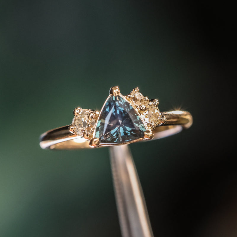 1.04ct Untreated Color Shifting Songean Trillion Sapphire and Antique Diamond Mountainscape Ring in 14k Yellow Gold