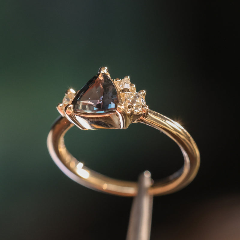 1.04ct Untreated Color Shifting Songean Trillion Sapphire and Antique Diamond Mountainscape Ring in 14k Yellow Gold