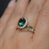 2.32ct Oval Teal Songean Sapphire Antique-Style Diamond Halo Ring in 18k Yellow Gold