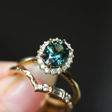 2.32ct Oval Teal Songean Sapphire Antique-Style Diamond Halo Ring in 18k Yellow Gold