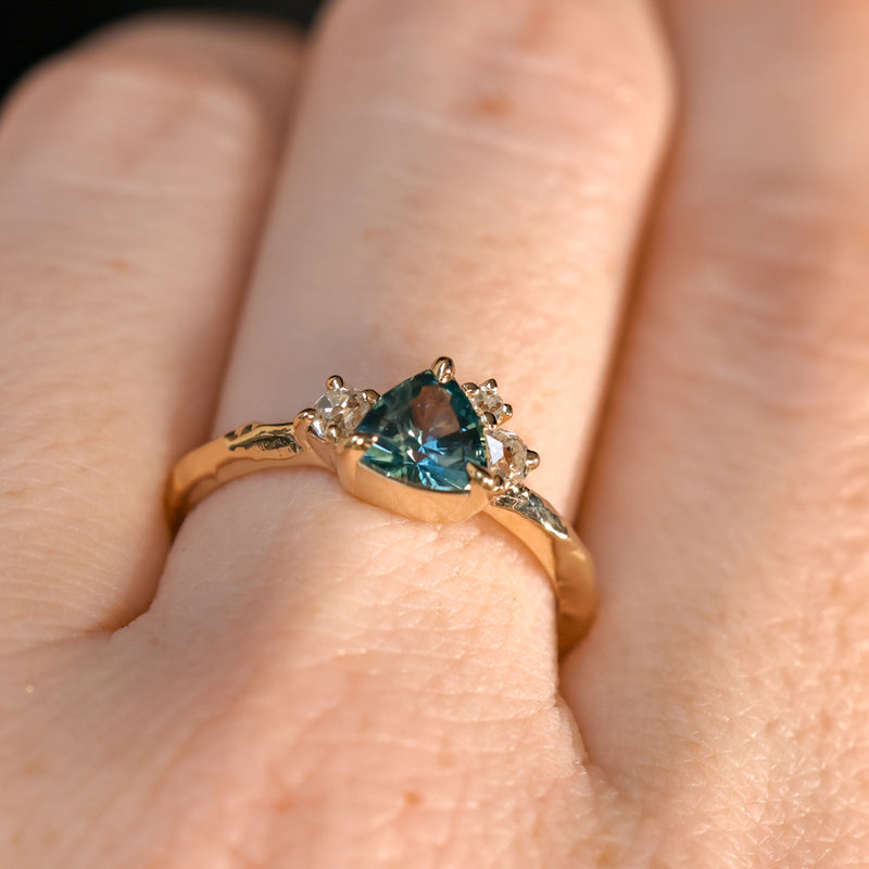 0.78ct Teal Montana Sapphire and Genuine Antique Diamond Mountainscape Ring in 14k Evergreen Carved Yellow Gold
