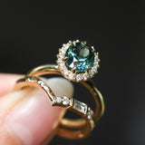2.32ct Oval Teal Songean Sapphire Antique-Style Diamond Halo Ring in 18k Yellow Gold
