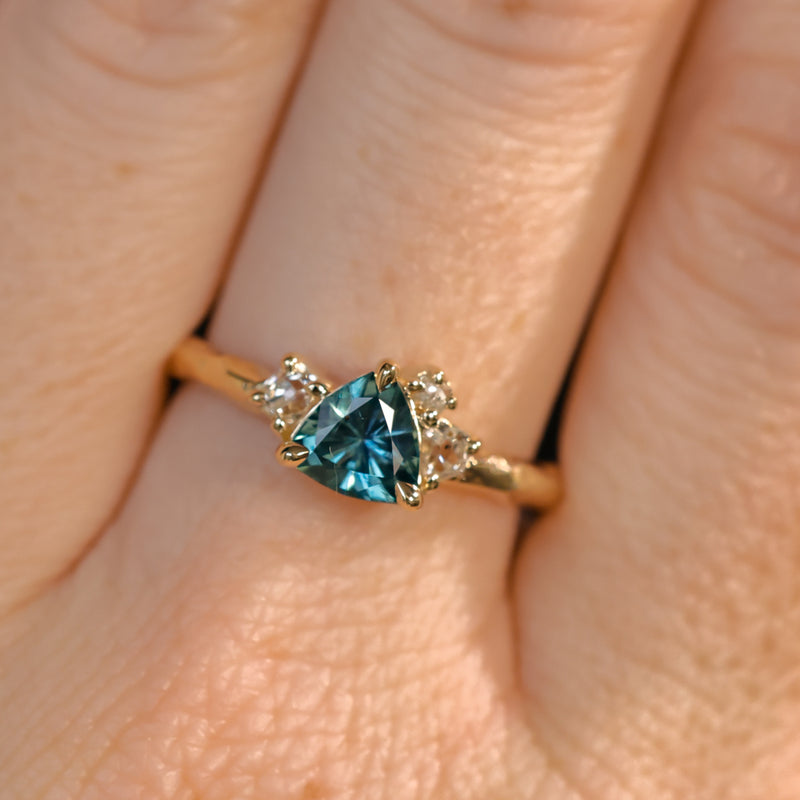 0.78ct Teal Montana Sapphire and Genuine Antique Diamond Mountainscape Ring in 14k Evergreen Carved Yellow Gold