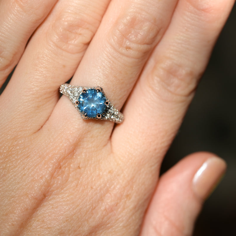 2.12ct Blue Montana Sapphire Diamond-Studded Tapered Solitaire in 14k White Gold