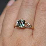 1.75ct Multicolor Cushion Cut Madagascar Sapphire in Wandering Vine Low Profile 4 Prong Setting with Diamonds in 14k Yellow