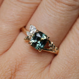1.75ct Multicolor Cushion Cut Madagascar Sapphire in Wandering Vine Low Profile 4 Prong Setting with Diamonds in 14k Yellow