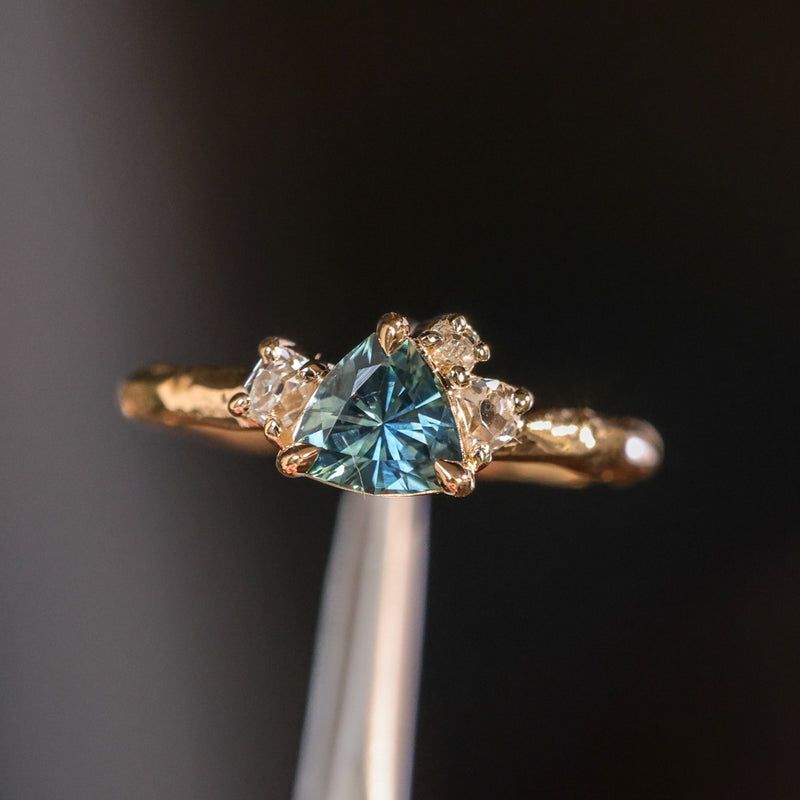 0.78ct Teal Montana Sapphire and Genuine Antique Diamond Mountainscape Ring in 14k Evergreen Carved Yellow Gold