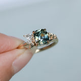 1.75ct Multicolor Cushion Cut Madagascar Sapphire in Wandering Vine Low Profile 4 Prong Setting with Diamonds in 14k Yellow