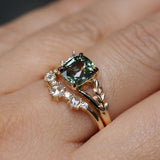 1.75ct Multicolor Cushion Cut Madagascar Sapphire in Wandering Vine Low Profile 4 Prong Setting with Diamonds in 14k Yellow