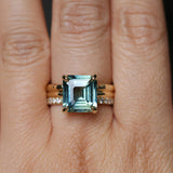 4.58ct Emerald Cut Teal Sapphire Triple Band with Diamonds and Evergreen Texture 4 Prong Low Profile Ring in 18k Yellow Gold