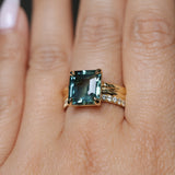4.58ct Emerald Cut Teal Sapphire Triple Band with Diamonds and Evergreen Texture 4 Prong Low Profile Ring in 18k Yellow Gold