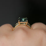 4.58ct Emerald Cut Teal Sapphire Triple Band with Diamonds and Evergreen Texture 4 Prong Low Profile Ring in 18k Yellow Gold
