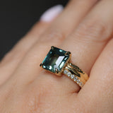 4.58ct Emerald Cut Teal Sapphire Triple Band with Diamonds and Evergreen Texture 4 Prong Low Profile Ring in 18k Yellow Gold