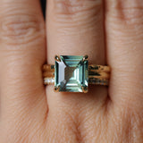 4.58ct Emerald Cut Teal Sapphire Triple Band with Diamonds and Evergreen Texture 4 Prong Low Profile Ring in 18k Yellow Gold