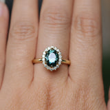 2.32ct Oval Teal Songean Sapphire Antique-Style Diamond Halo Ring in 18k Yellow Gold
