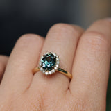 2.32ct Oval Teal Songean Sapphire Antique-Style Diamond Halo Ring in 18k Yellow Gold