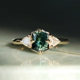 1.10ct Fantasy Cut Kenyan Sapphire and Diamond Milgrain Three Stone Low Profile Ring in 14k Yellow Gold