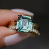 4.58ct Emerald Cut Teal Sapphire Triple Band with Diamonds and Evergreen Texture 4 Prong Low Profile Ring in 18k Yellow Gold