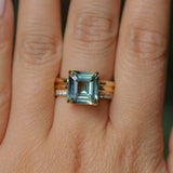 4.58ct Emerald Cut Teal Sapphire Triple Band with Diamonds and Evergreen Texture 4 Prong Low Profile Ring in 18k Yellow Gold