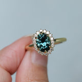 2.32ct Oval Teal Songean Sapphire Antique-Style Diamond Halo Ring in 18k Yellow Gold