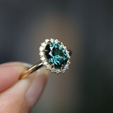 2.32ct Oval Teal Songean Sapphire Antique-Style Diamond Halo Ring in 18k Yellow Gold