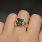 4.58ct Emerald Cut Teal Sapphire Triple Band with Diamonds and Evergreen Texture 4 Prong Low Profile Ring in 18k Yellow Gold