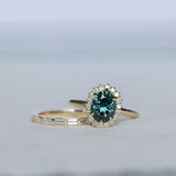 2.32ct Oval Teal Songean Sapphire Antique-Style Diamond Halo Ring in 18k Yellow Gold