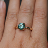 2.06ct Round Untreated Teal Montana Sapphire Hidden Halo Low Profile Evergreen Carved Four Prong Solitaire in 14k Yellow Gold