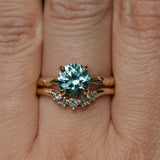 2.06ct Round Untreated Teal Montana Sapphire Hidden Halo Low Profile Evergreen Carved Four Prong Solitaire in 14k Yellow Gold