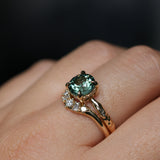 2.06ct Round Untreated Teal Montana Sapphire Hidden Halo Low Profile Evergreen Carved Four Prong Solitaire in 14k Yellow Gold