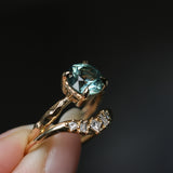 2.06ct Round Untreated Teal Montana Sapphire Hidden Halo Low Profile Evergreen Carved Four Prong Solitaire in 14k Yellow Gold