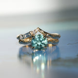 2.06ct Round Untreated Teal Montana Sapphire Hidden Halo Low Profile Evergreen Carved Four Prong Solitaire in 14k Yellow Gold