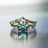 2.06ct Round Untreated Teal Montana Sapphire Hidden Halo Low Profile Evergreen Carved Four Prong Solitaire in 14k Yellow Gold