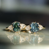 1.10ct Fantasy Cut Kenyan Sapphire and Diamond Milgrain Three Stone Low Profile Ring in 14k Yellow Gold