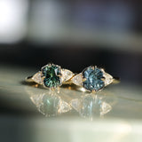 1.50ct Untreated Fantasy Cut Tanzanian Sapphire and Diamond Milgrain Three Stone Low Profile Ring in 14k Yellow Gold