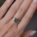 1.50ct Untreated Fantasy Cut Tanzanian Sapphire and Diamond Milgrain Three Stone Low Profile Ring in 14k Yellow Gold