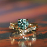 2.06ct Round Untreated Teal Montana Sapphire Hidden Halo Low Profile Evergreen Carved Four Prong Solitaire in 14k Yellow Gold