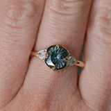 1.50ct Untreated Fantasy Cut Tanzanian Sapphire and Diamond Milgrain Three Stone Low Profile Ring in 14k Yellow Gold