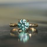 2.06ct Round Untreated Teal Montana Sapphire Hidden Halo Low Profile Evergreen Carved Four Prong Solitaire in 14k Yellow Gold