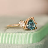 1.23ct Teal Montana Sapphire and Genuine Antique Diamond Mountainscape Ring in 14k Yellow Gold