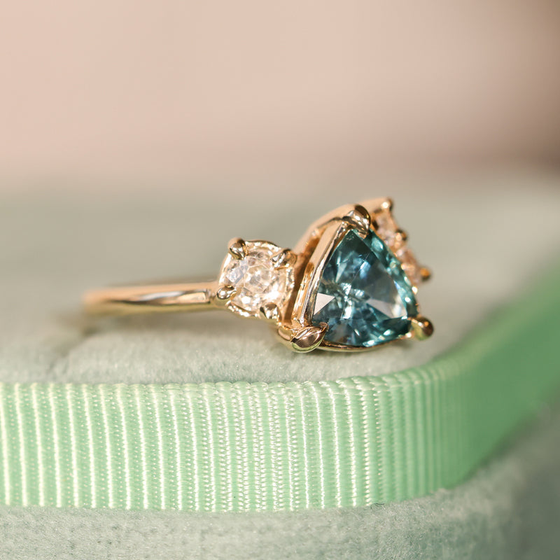 1.23ct Teal Montana Sapphire and Genuine Antique Diamond Mountainscape Ring in 14k Yellow Gold