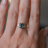 1.50ct Untreated Fantasy Cut Tanzanian Sapphire and Diamond Milgrain Three Stone Low Profile Ring in 14k Yellow Gold