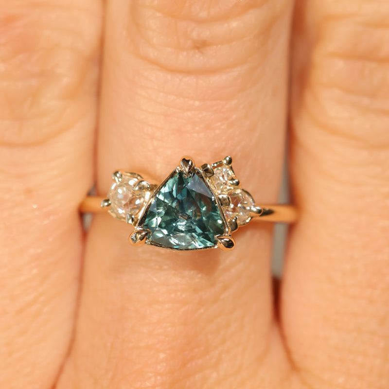 1.23ct Teal Montana Sapphire and Genuine Antique Diamond Mountainscape Ring in 14k Yellow Gold